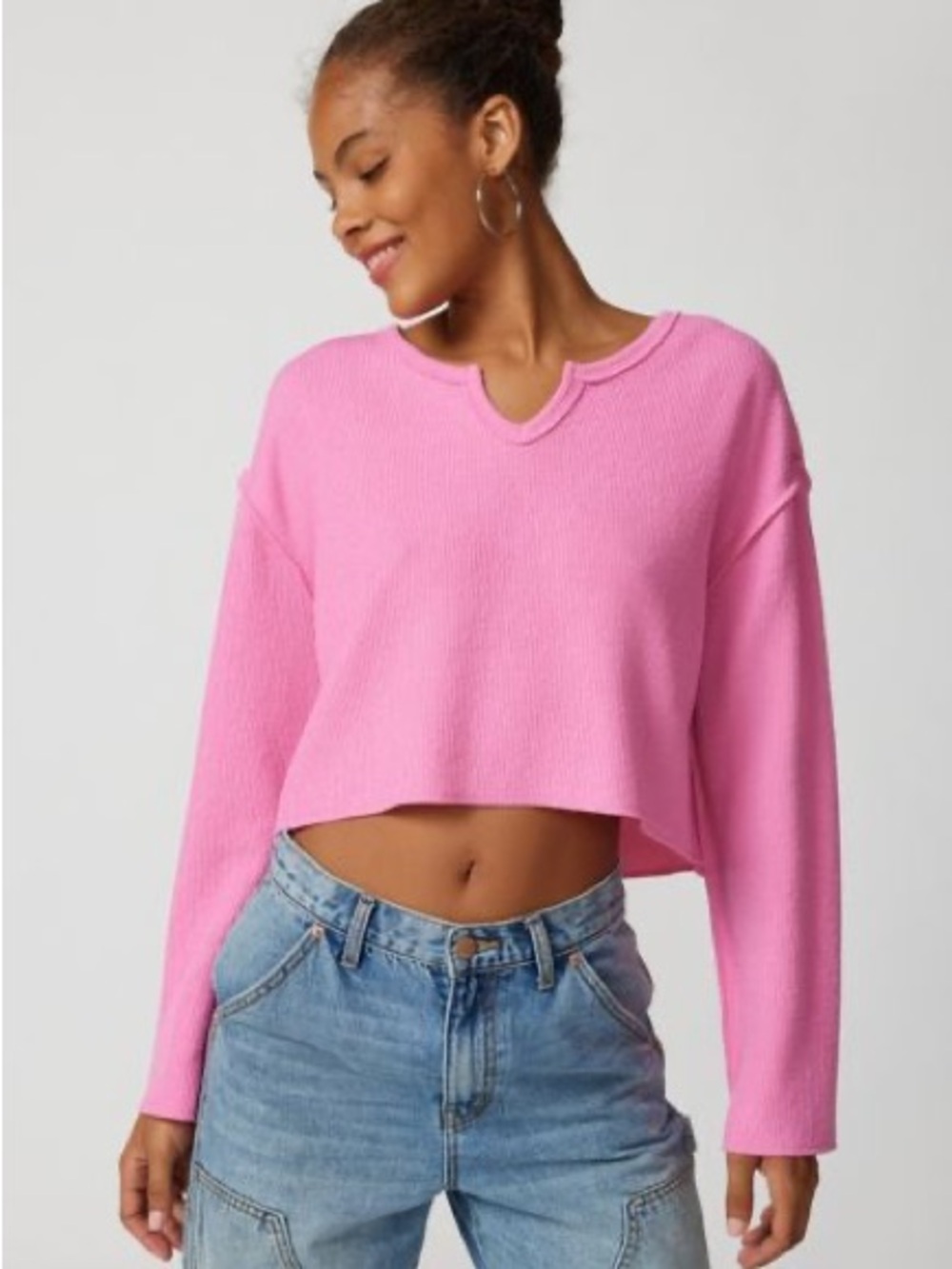 Urban Outfitters Pink Parker Notch Long Sleeve Top
